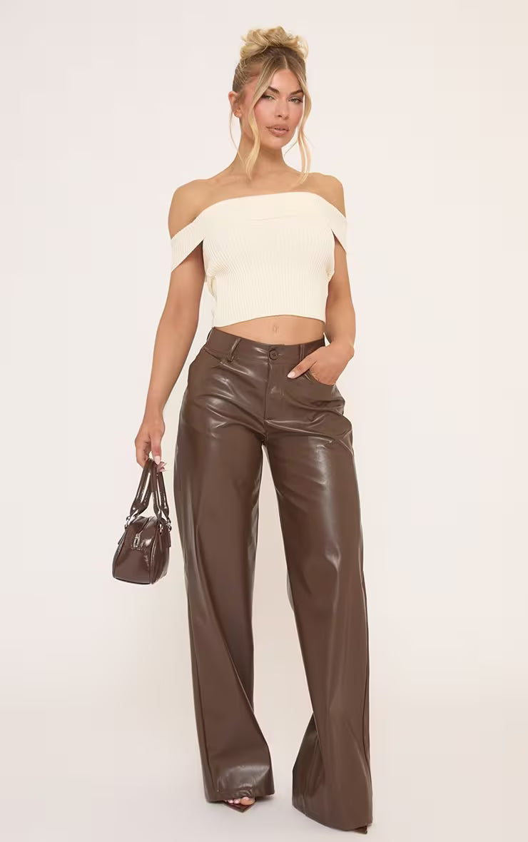 Ego - Bardot Tie Back Detail Top In Cream Ribbed Knit