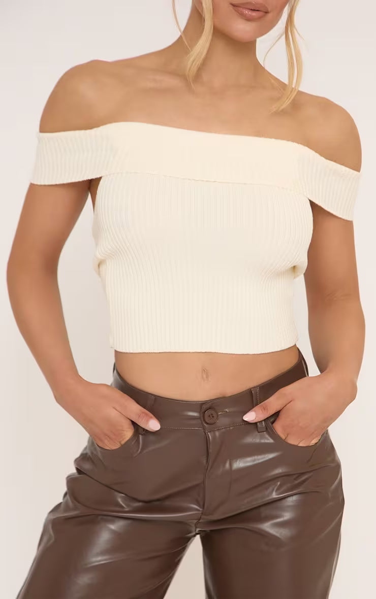 Ego - Bardot Tie Back Detail Top In Cream Ribbed Knit