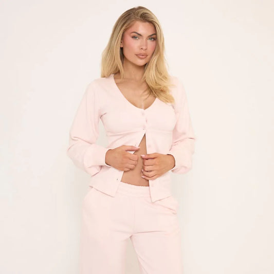 Long Sleeve Button Through Split Front Top In Pink