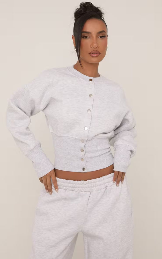 Long Sleeve Popper Detail Cinched Waist Sweatshirt In Grey