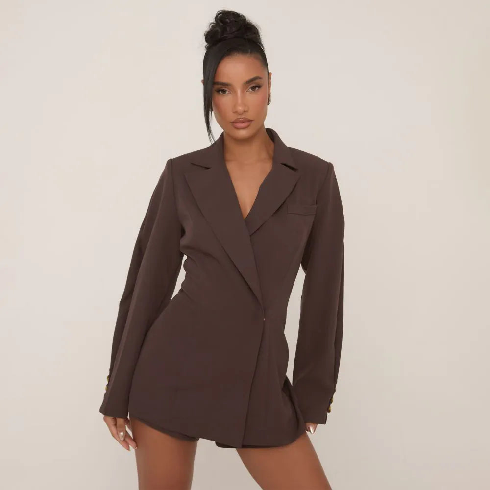 Long Sleeve Cinched Waist Tailored Playsuit In Chocolate Brown Woven