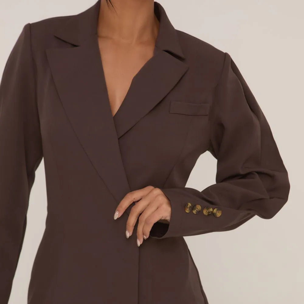 Long Sleeve Cinched Waist Tailored Playsuit In Chocolate Brown Woven