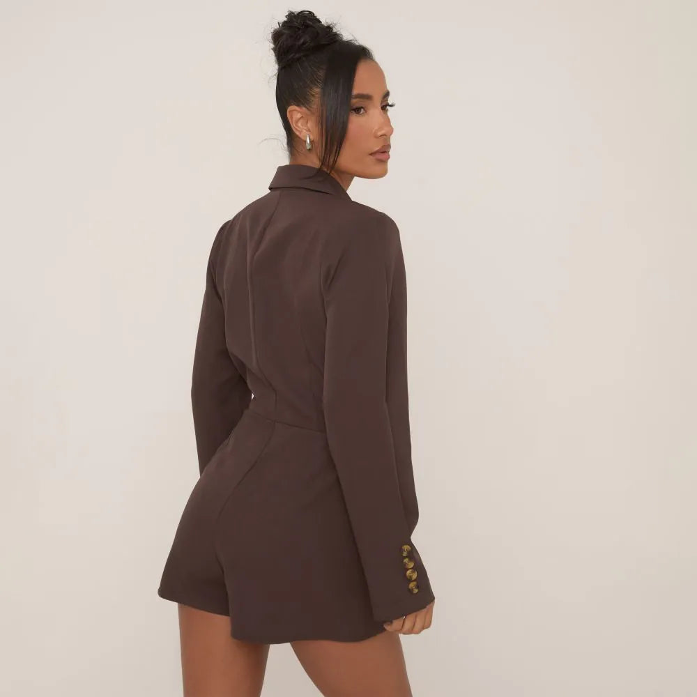 Long Sleeve Cinched Waist Tailored Playsuit In Chocolate Brown Woven