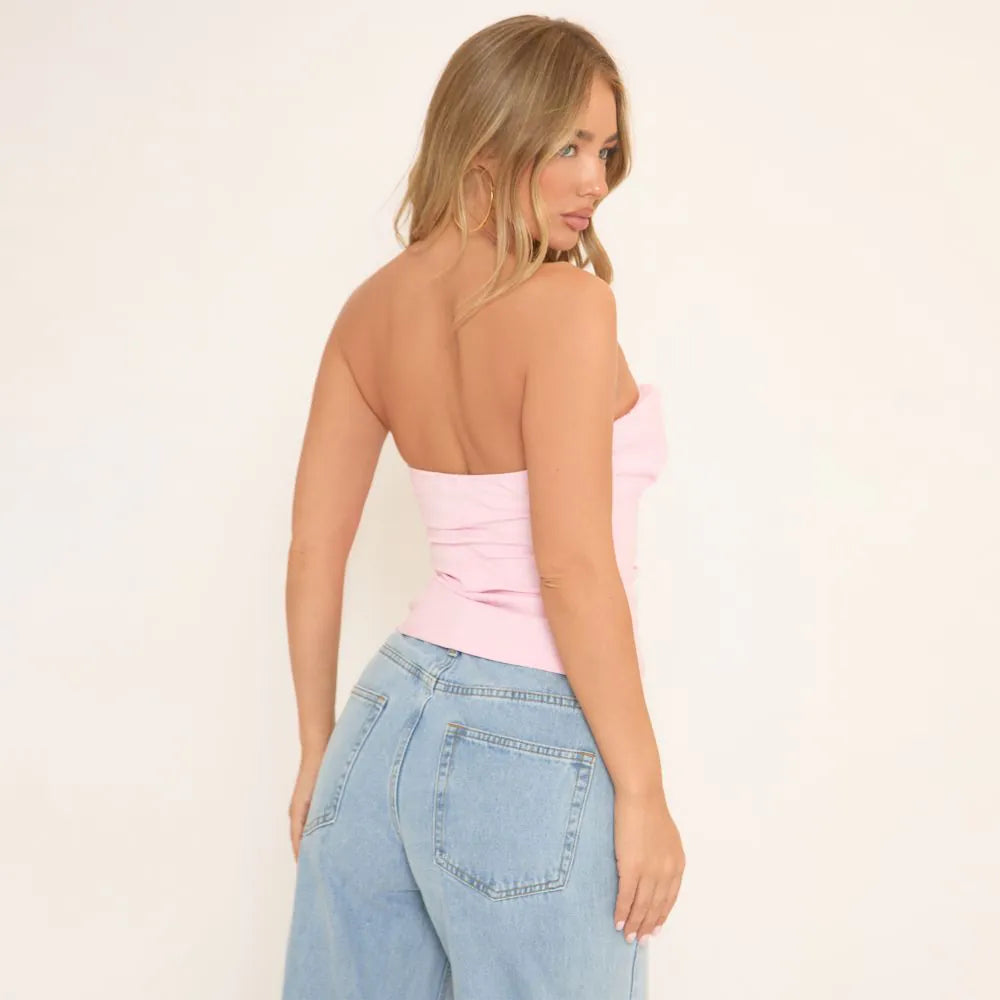 Bandeau Ruched Cup Detail Top In Pink