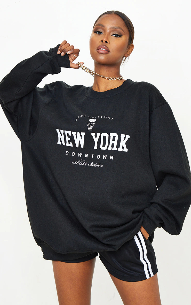 Black New York Downtown Slogan Printed Sweatshirt