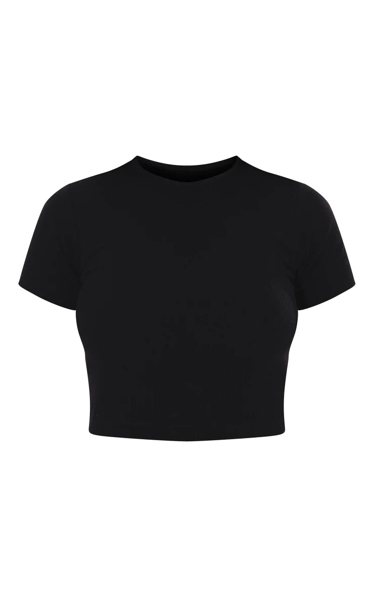 Black Basic Soft Ribbed Short Sleeve Crop Top
