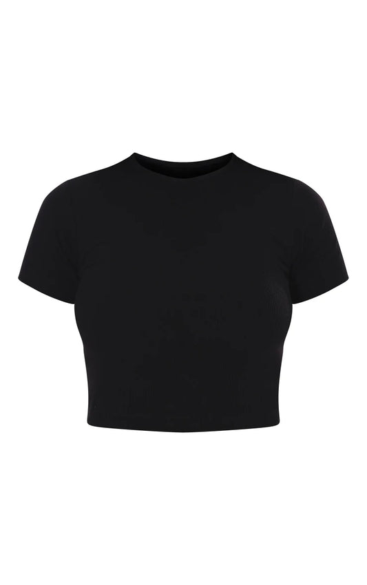 Black Basic Soft Ribbed Short Sleeve Crop Top