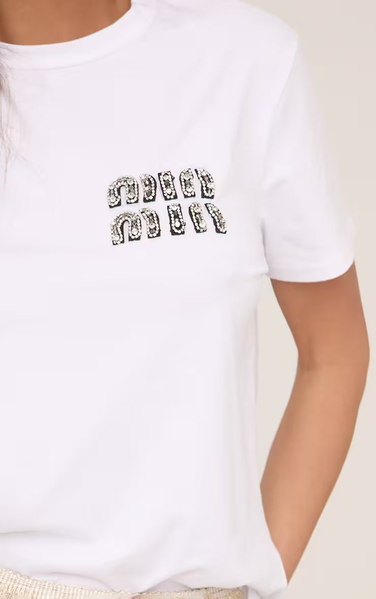 EGO Short Sleeve Sequin Logo Boyfriend Fitted T-Shirt In White
