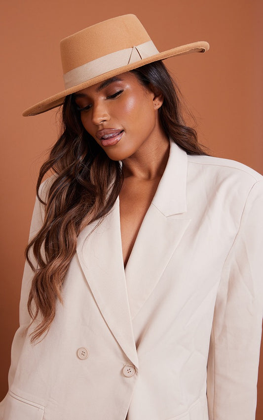 Camel Wide Brim Ribbon Fedora Hat