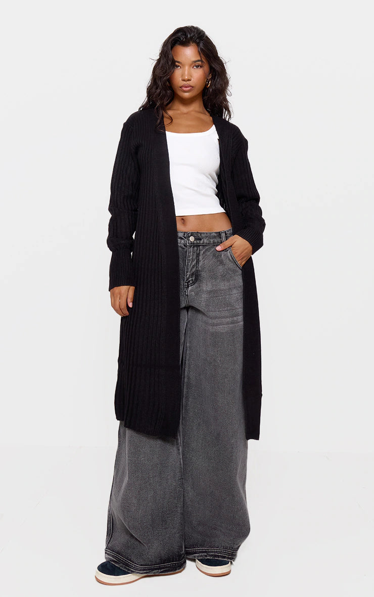 BLACK RIBBED KNITTED MIDI CARDIGAN