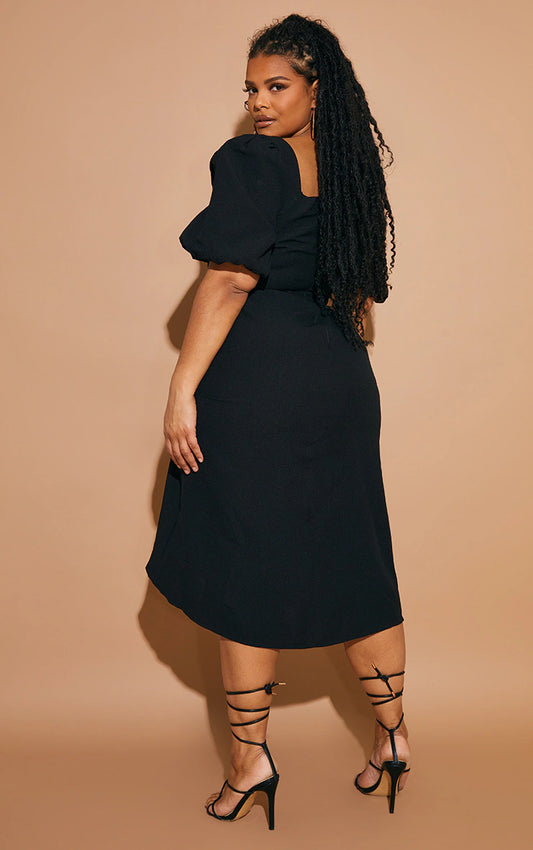 Plus Black Puff Sleeve Ruched Side Split Midi Dress