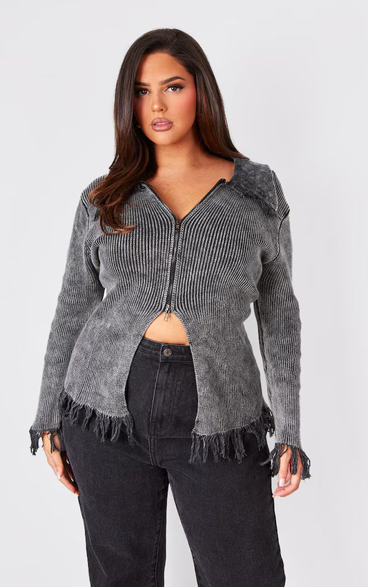 Plus Washed Grey Distressed Knit Split Hem Sweater