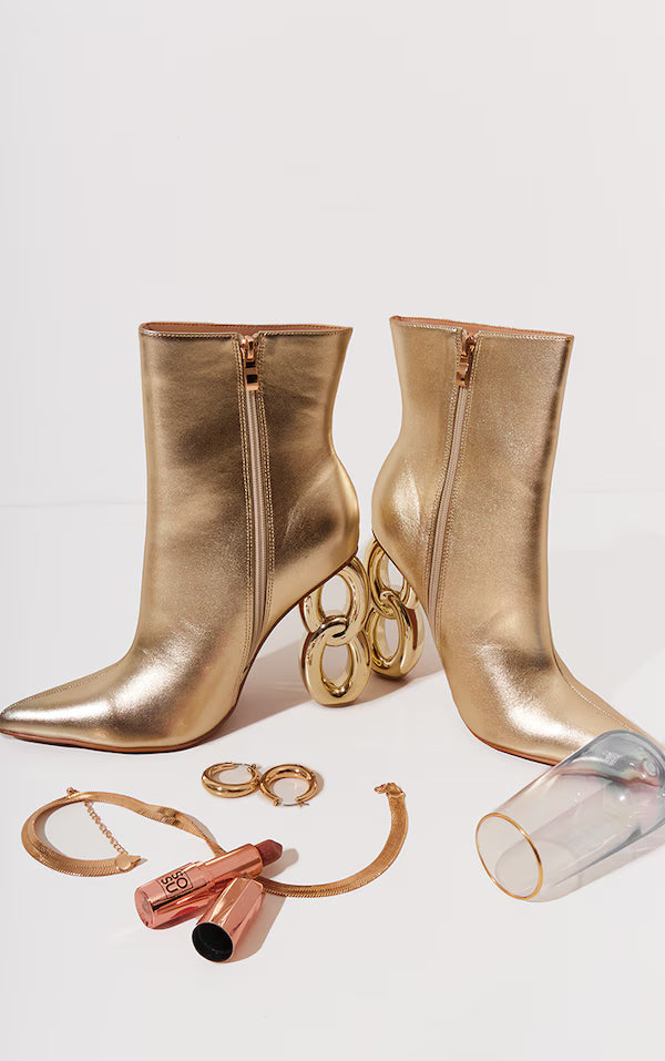 Metallic Gold Faux Leather Point Toe Chain Heeled Ankle Boots