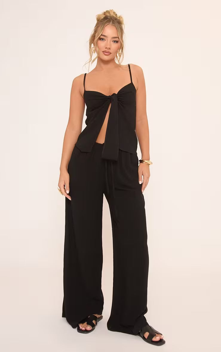 Ego - Mid Rise Elasticated Drawstring Waist Detail Wide Leg Trousers In Black Linen