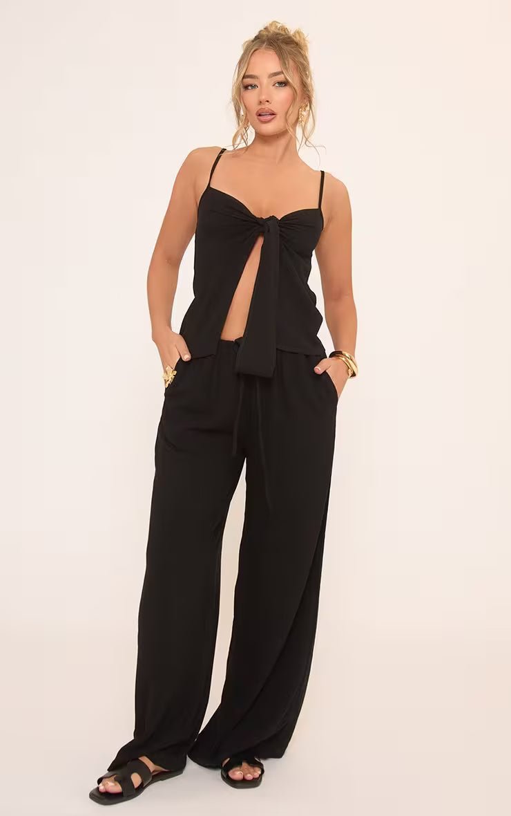 Ego - Mid Rise Elasticated Drawstring Waist Detail Wide Leg Trousers In Black Linen