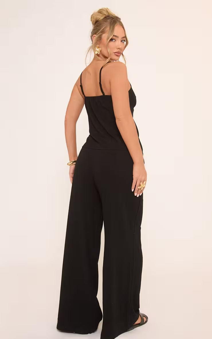 Ego - Mid Rise Elasticated Drawstring Waist Detail Wide Leg Trousers In Black Linen