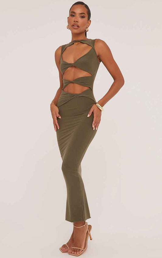 Sleeveless Cut Out Twist Front Detail Maxi Dress In Olive Green