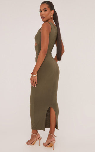 Sleeveless Cut Out Twist Front Detail Maxi Dress In Olive Green
