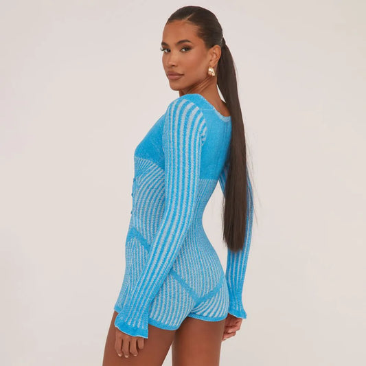 Long Sleeve Plunge Strappy Waist Playsuit In Contrast Bright Blue Knit