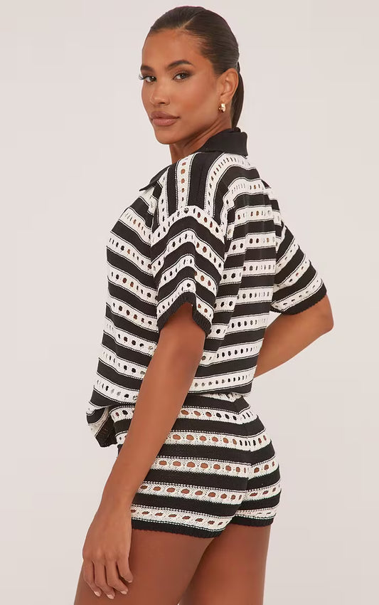 Ego - Black And White Stripe Crochet Knit Top