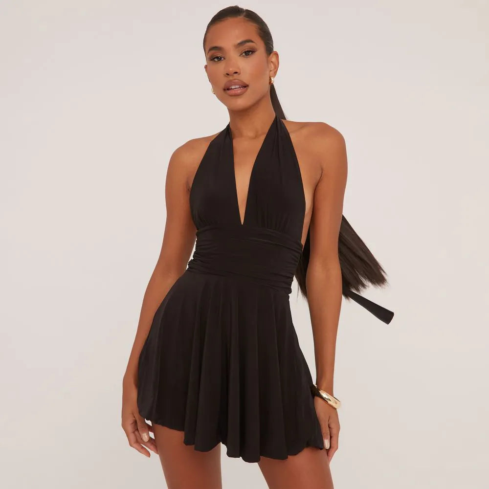 Plunge Halterneck Open Back Flippy Hem Mini Skater Dress In Black Slinky