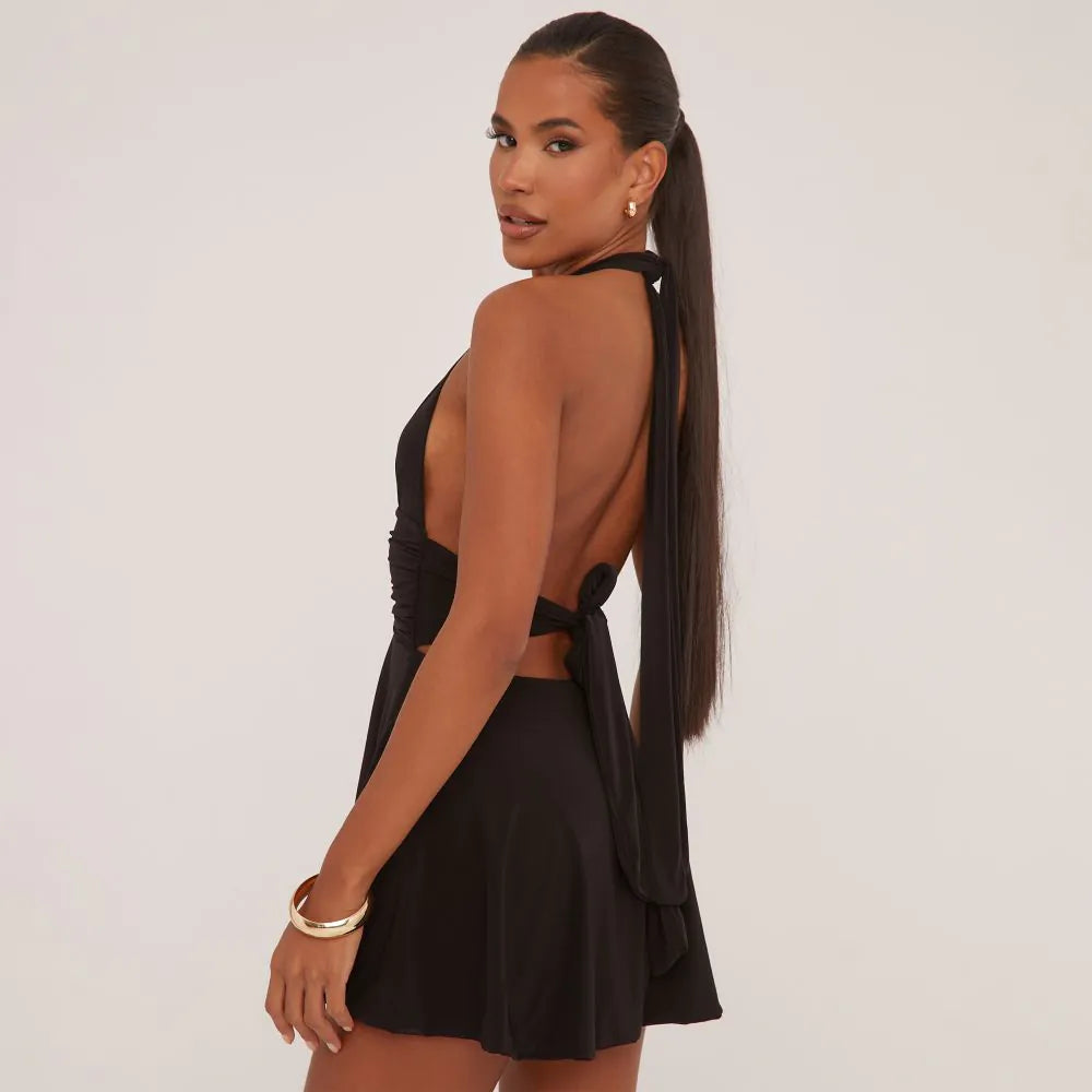 Plunge Halterneck Open Back Flippy Hem Mini Skater Dress In Black Slinky