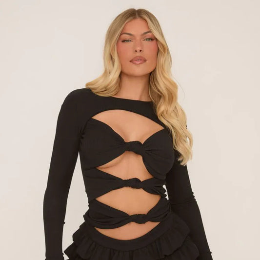 Long Sleeve Cut Out Knot Detail Top In Black