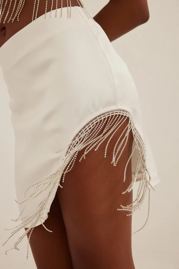 Fringed Mini Rhinestone Skirt & Rhinestone Detail Satin Top SET