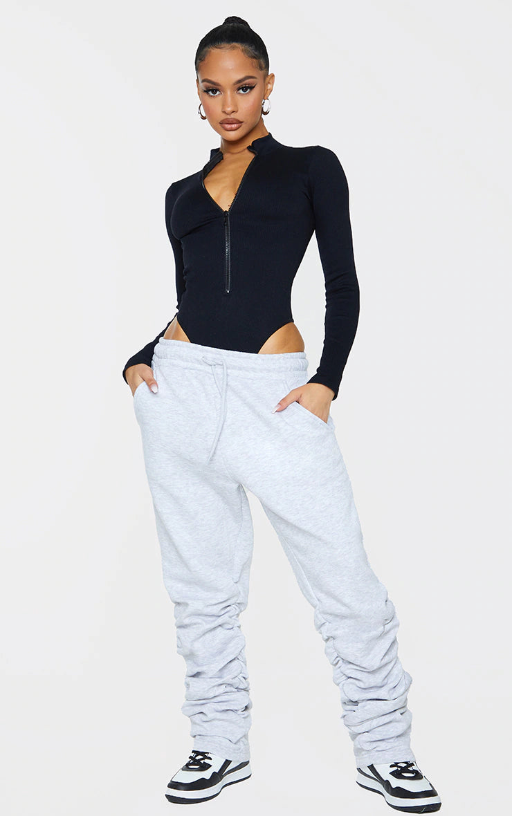 Black Contour Rib Zip Up Long Sleeve Bodysuit