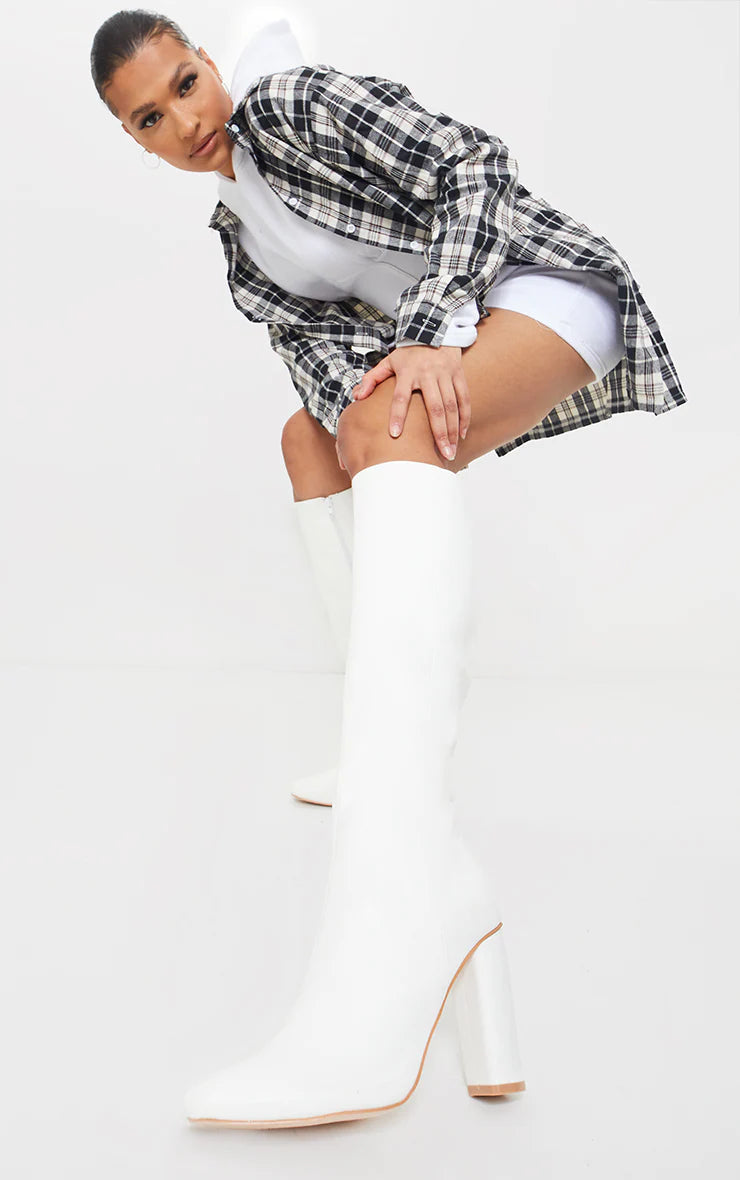 White Round Block Heel Knee High Boots