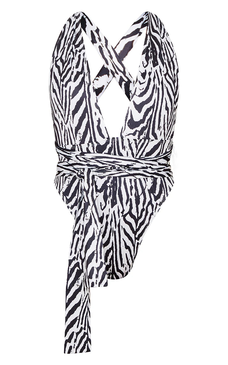 Monochrome Zebra Print Multiway Wrap Waist Plunge Swimsuit