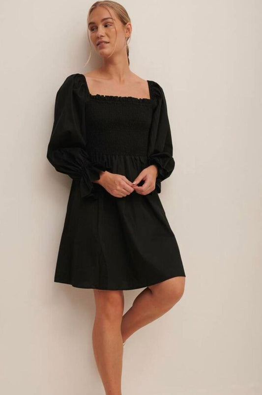 Balloon Sleeve Smocked Dress Black