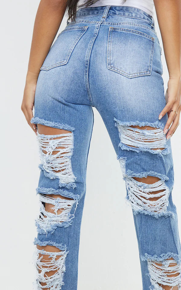 Plt - Light Blue Wash Ripped Back Split Hem Jeans