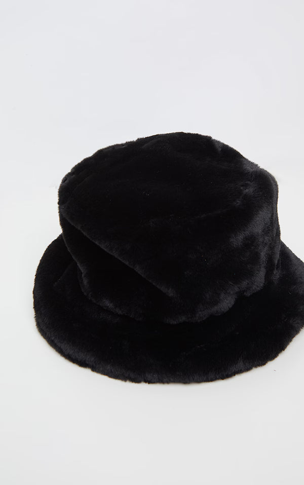 Black Faux Fur Turn Up Trim Bucket Hat