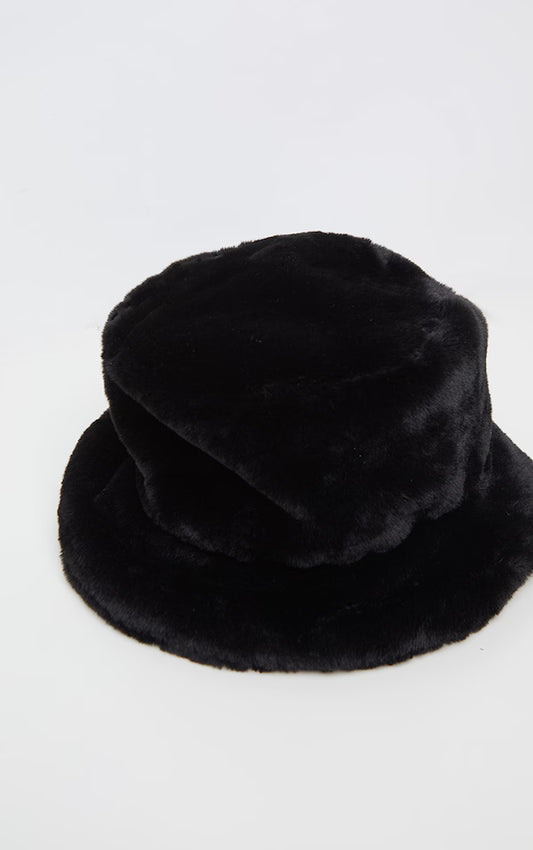 Black Faux Fur Turn Up Trim Bucket Hat