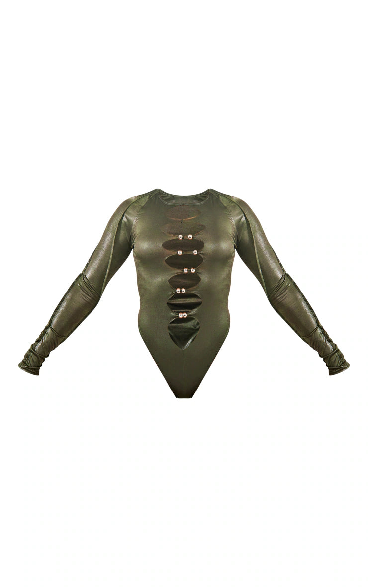 Dark Khaki Disco Cut Out Silver Detail Bodysuit