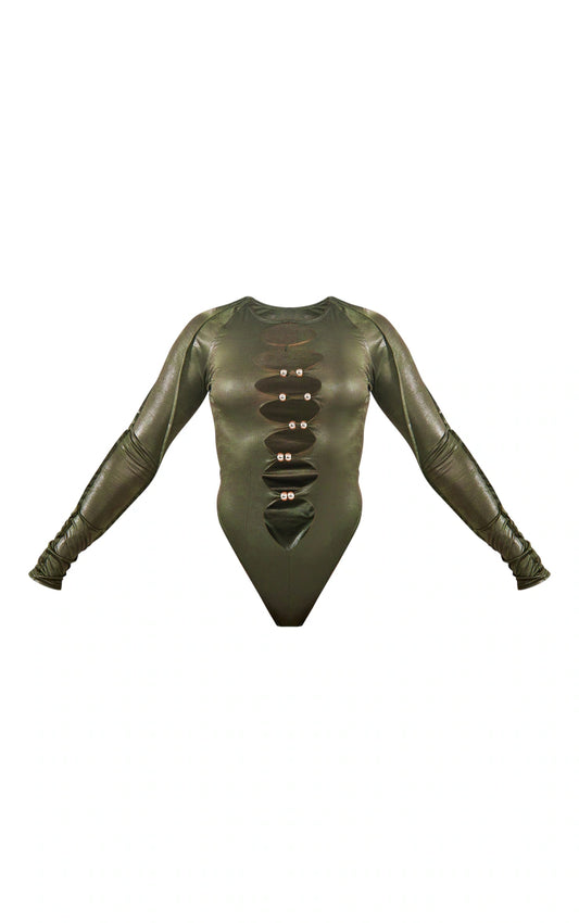 Dark Khaki Disco Cut Out Silver Detail Bodysuit