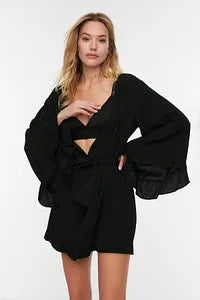 Belted mini woven flywheel kimono kaftan