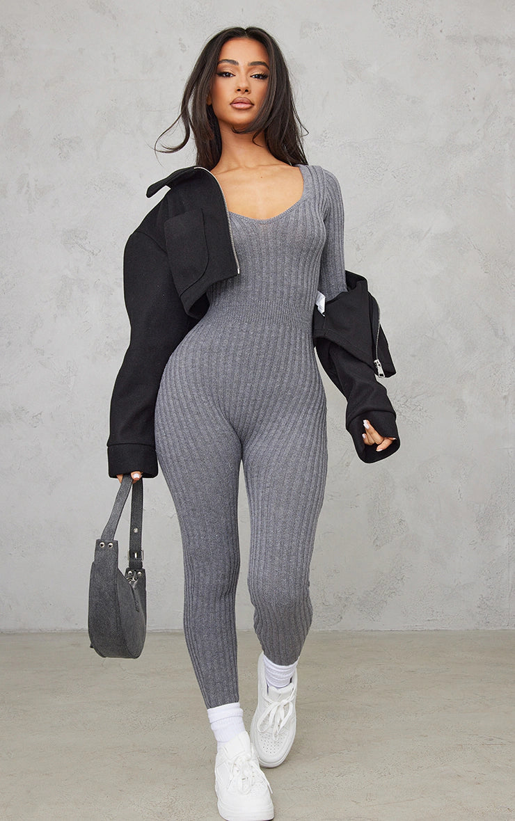 PETITE CHARCOAL LONG SLEEVE KNITTED JUMPSUIT
