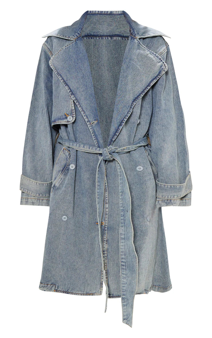 PETITE INDIGO VINTAGE WASH OVERSIZED DENIM TRENCH COAT