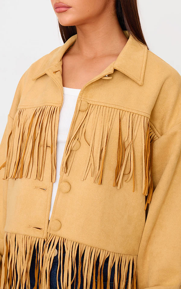 Camel Faux Suede Western Fringe Detail Jacket
