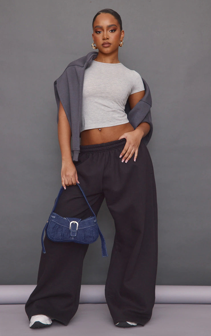 Petite Black Super Wide Leg Elasticated Waist Sweatpants Black