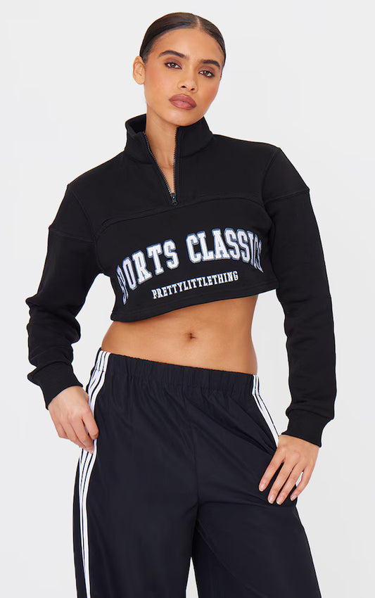 Black Embroided Crop Half Zip Sweatshirt