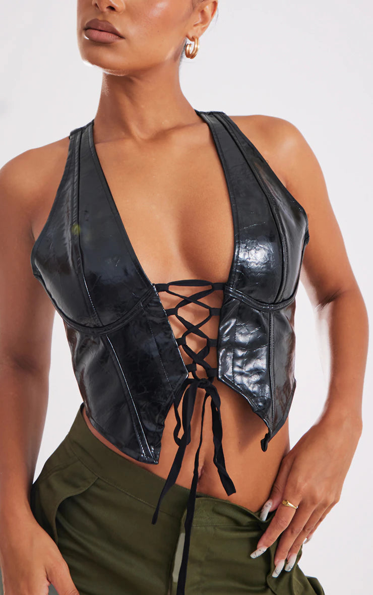 Black Washed Faux Leather Lace Up Plunge Halterneck Top