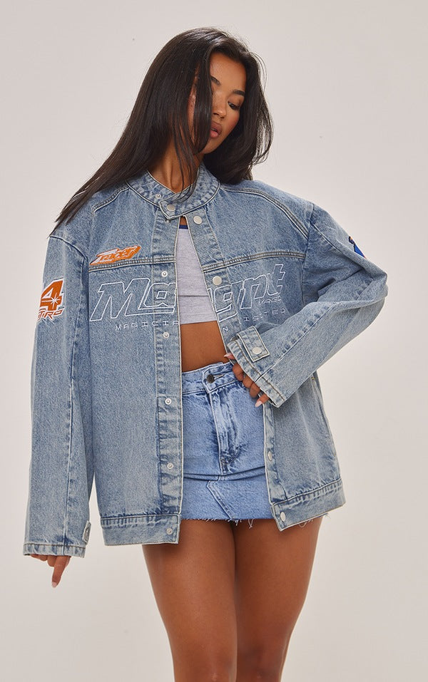 Plt - Mid Blue Wash Racer Graphic Oversized Denim Jacket
