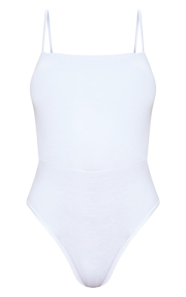 Basic Square Neck White Thong Bodysuit