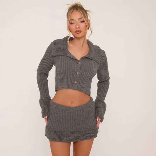 Button Front Loop Hem Cropped Cardigan In Grey Knit