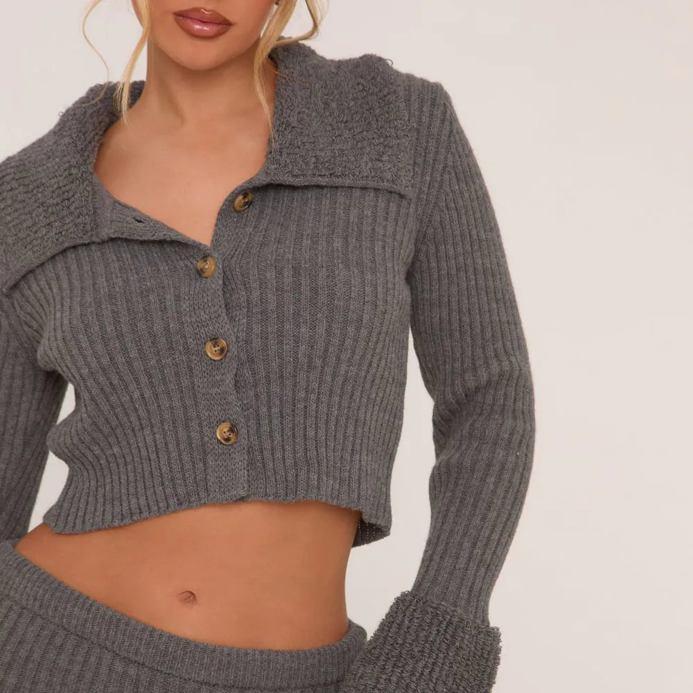 Button Front Loop Hem Cropped Cardigan In Grey Knit