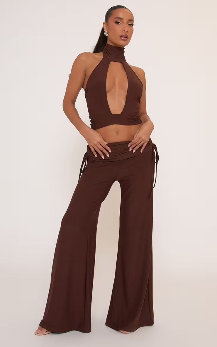 Ego - High Neck Cut Out Front Top In Brown