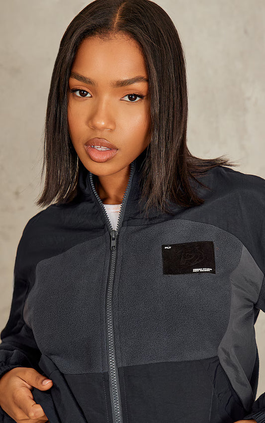 Navy Fleece Contrast Panel Zip Through Sweatshirt